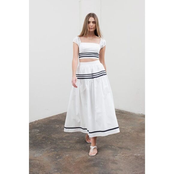 Moon River Stripe Shirred Crop Top & Midi Skirt Set NWT Size S 2-Piece Outfit - Picture 2 of 7